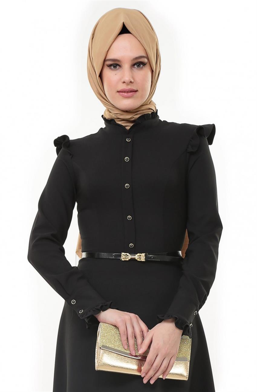 Drape Detaylı Siyah Elbise 1557-01