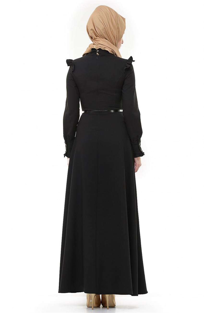 Drape Detaylı Siyah Elbise 1557-01