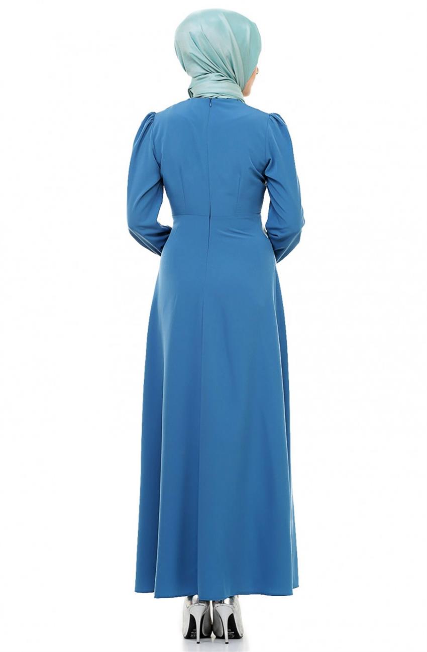 Yaka Detaylı Mavi Elbise 437-70