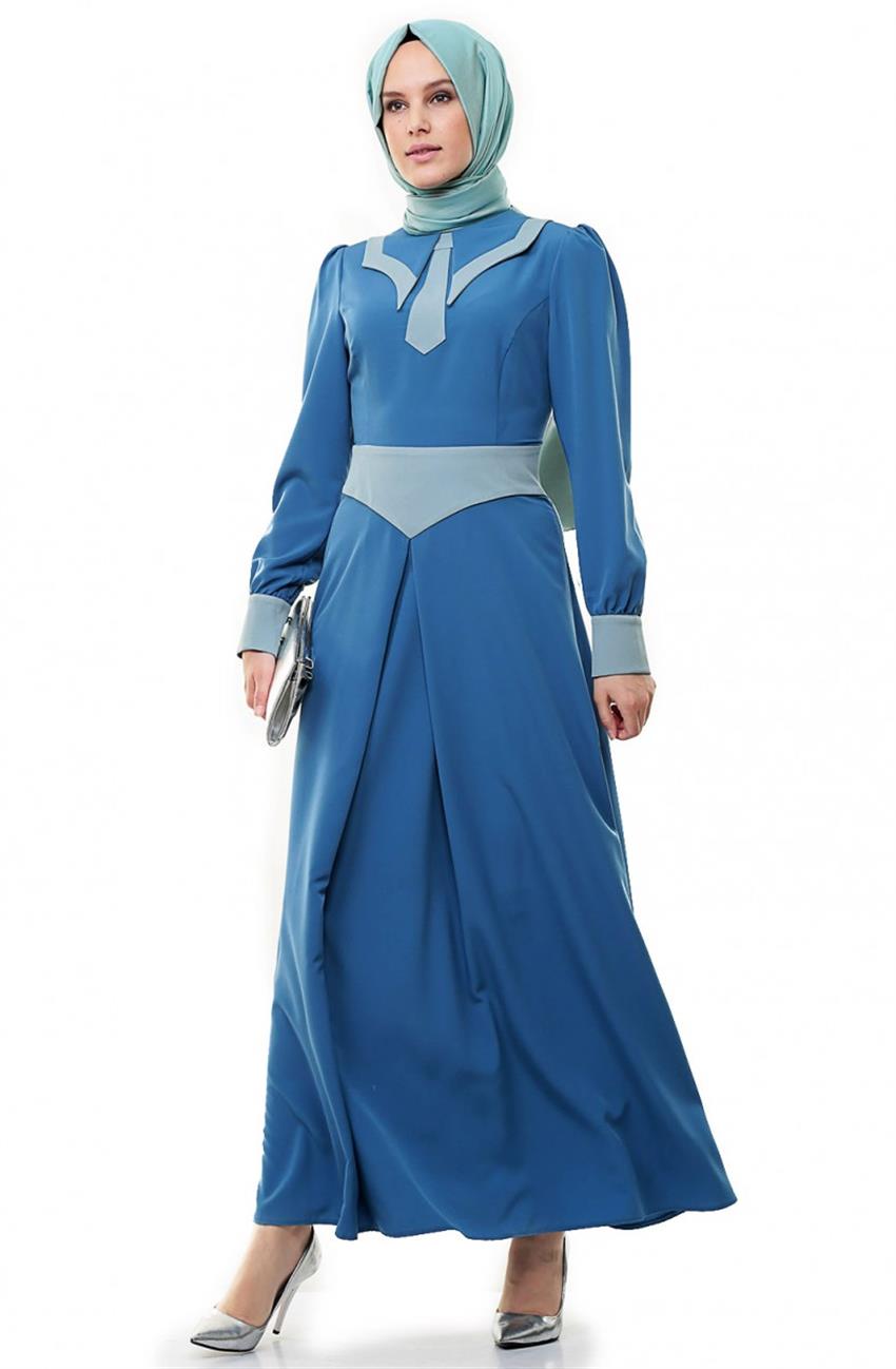 Yaka Detaylı Mavi Elbise 437-70