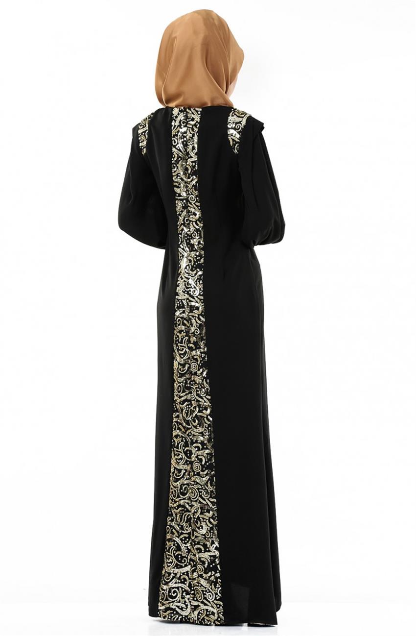 Pul Payetli Abiye Siyah Elbise Altın 603-0131