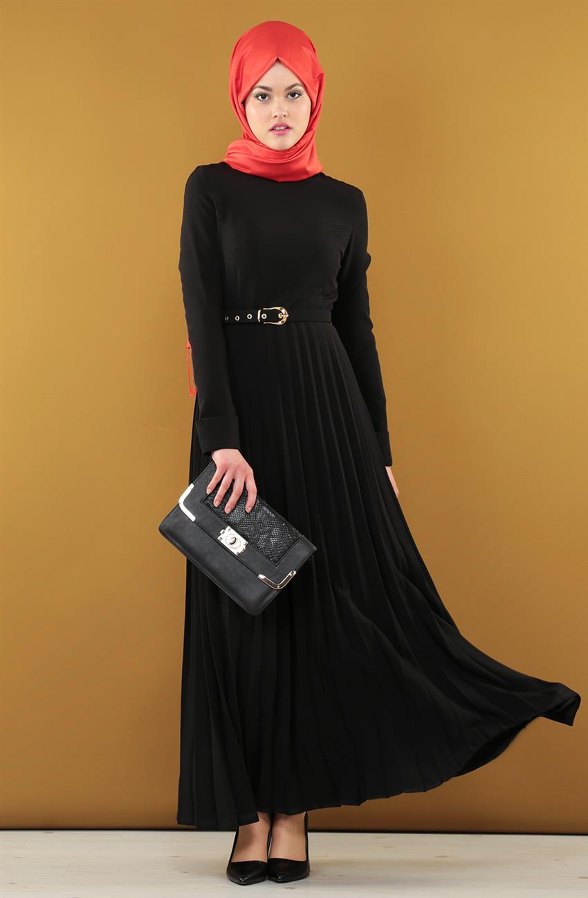 Plisoley Detaylı Siyah Elbise 7057-01