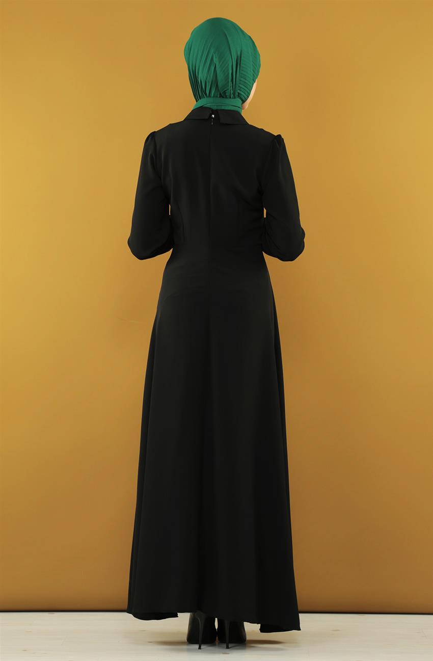 Sivri Yaka Abiye Siyah Elbise 70036-01