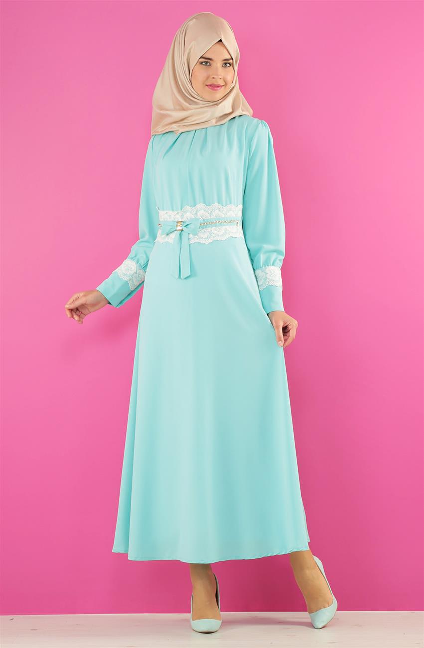 Güpür Detaylı Abiye Mint Elbise 5709-24