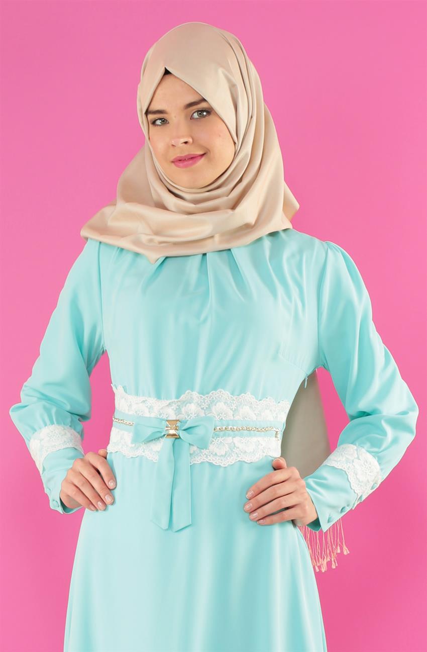 Güpür Detaylı Abiye Mint Elbise 5709-24