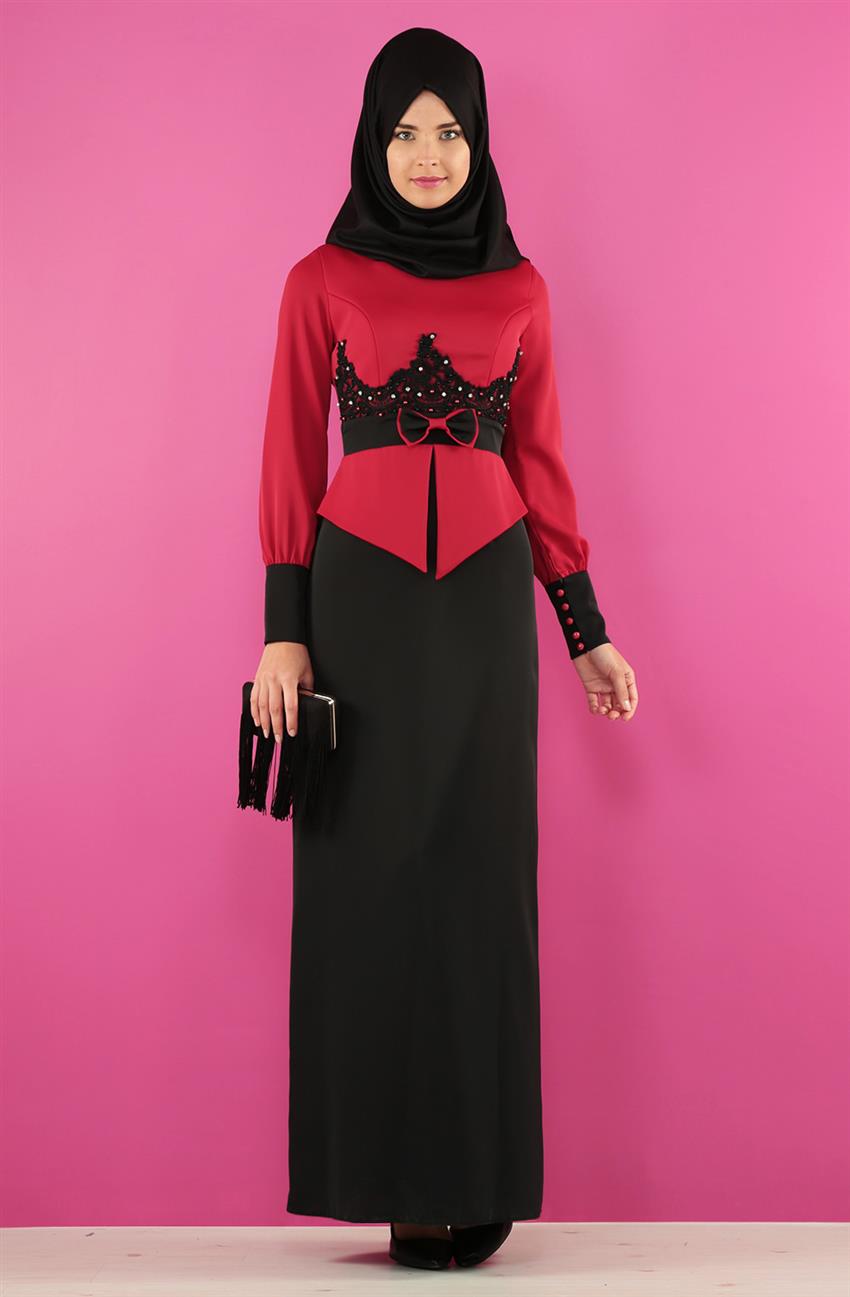 Abiye Siyah Elbise Kırmızı 2044-0134