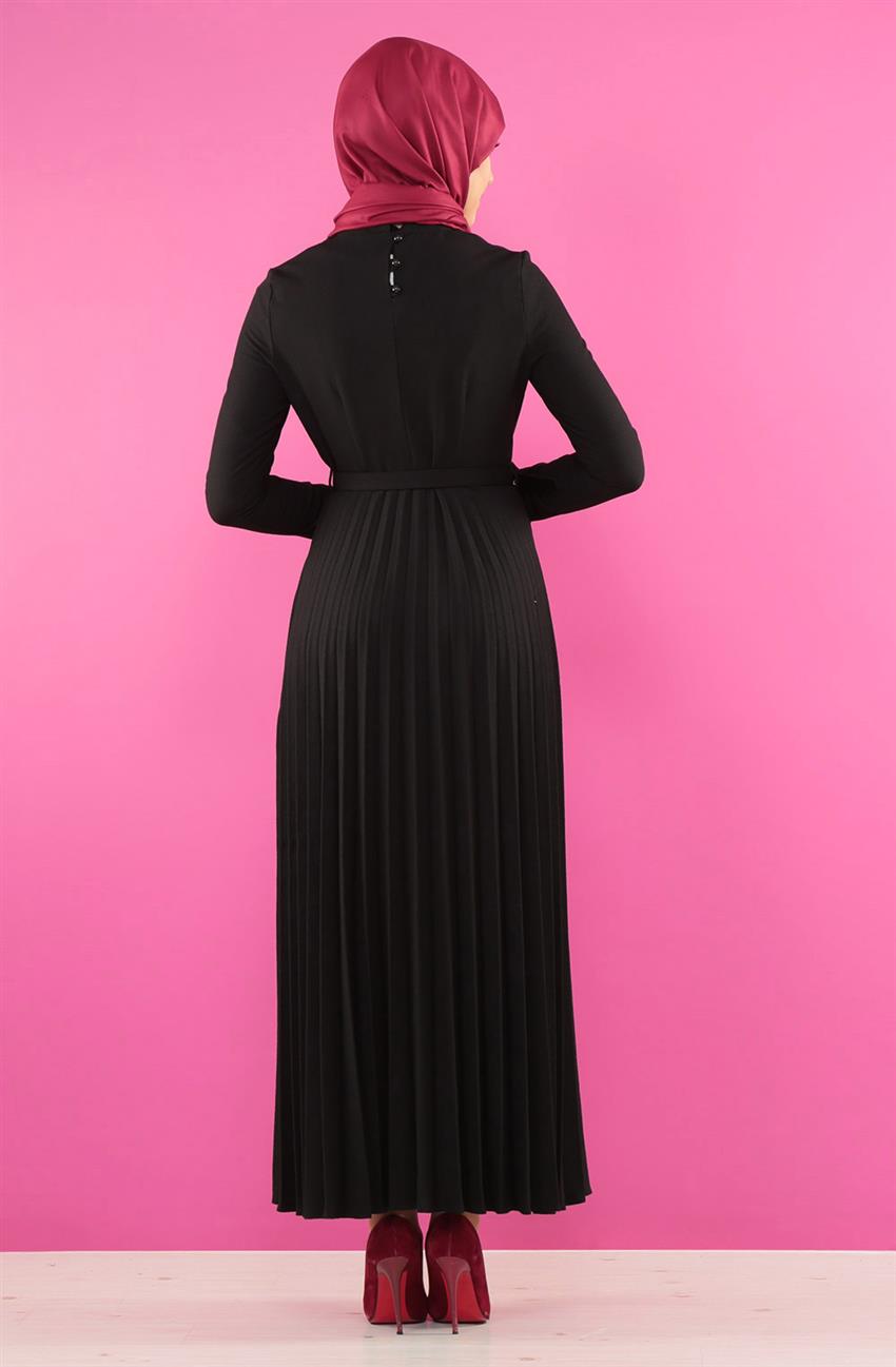 Plisoley Detaylı Siyah Elbise 7063-01