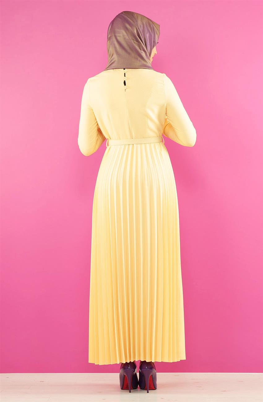 Plisoley Detaylı Sarı Elbise 7063-29