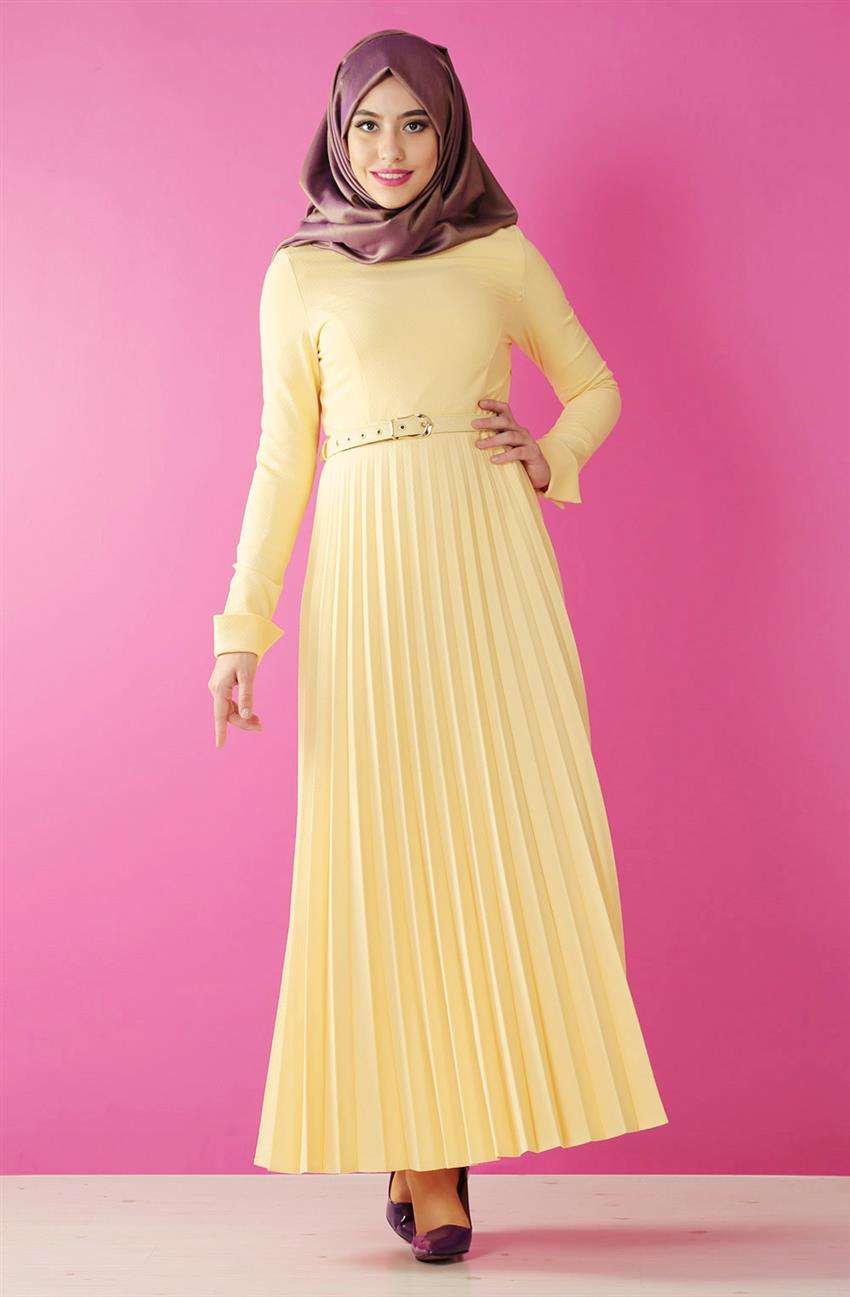 Plisoley Detaylı Sarı Elbise 7063-29