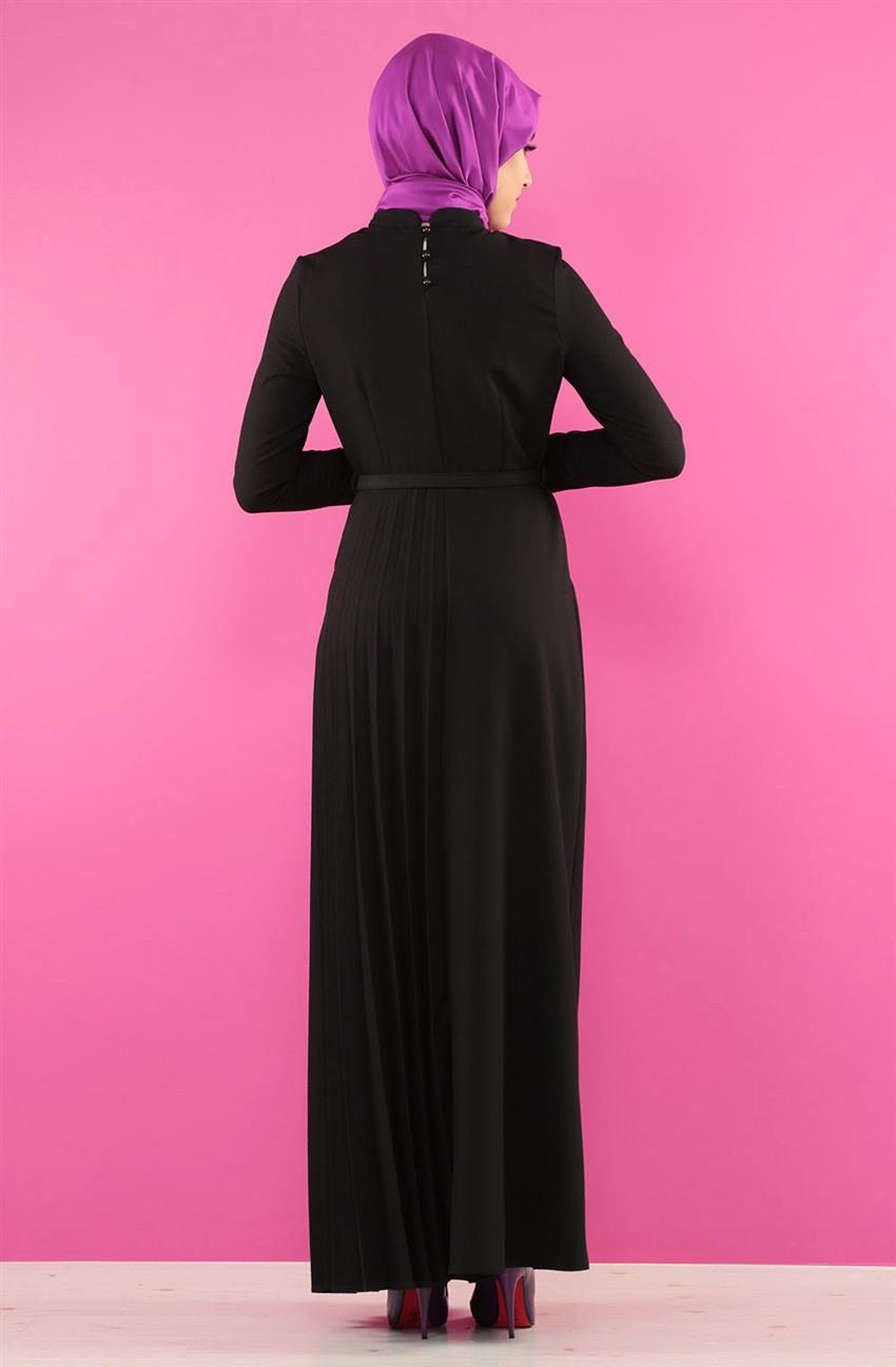 Plisoley Detaylı Siyah Elbise 7065-01