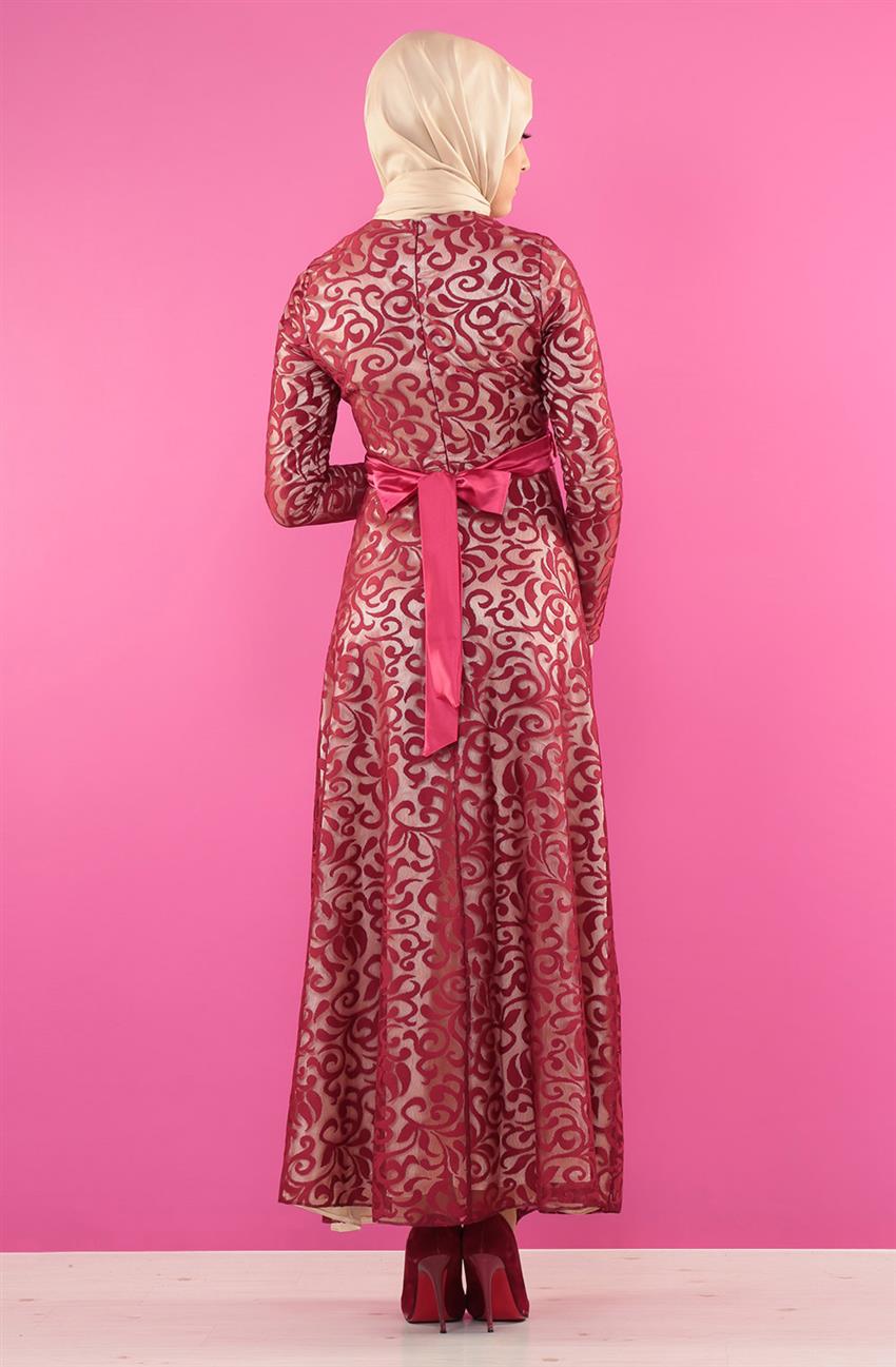 Evening Dress Dress-Claret Red Beige 7075-6711