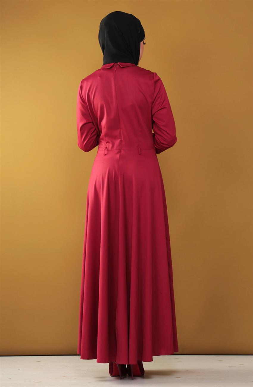 Nakış Detaylı Bordo Elbise 5019-67