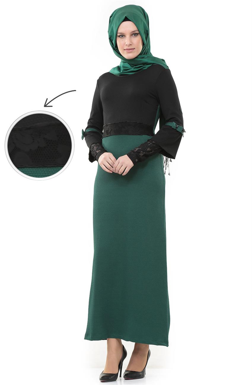 Dantel Detaylı Siyah Elbise Yeşil 7126-0121
