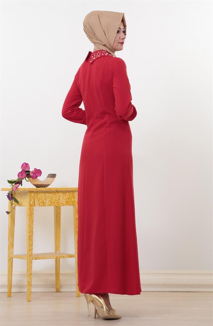 Sivri Yaka Kesimli Kırmızı Elbise 4021-34