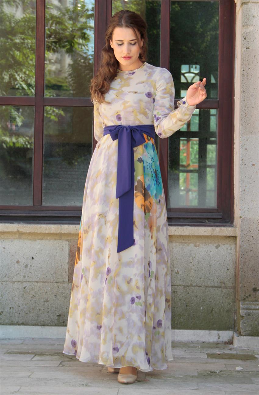 Çiçek Desenli Şifon Bej Elbise Mor ÇDŞ-1145