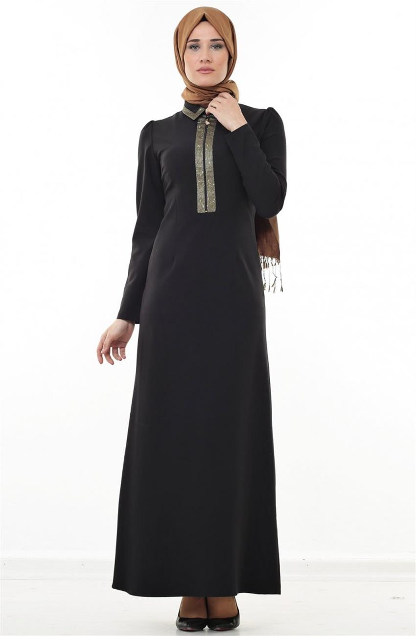 Ayaklı Şömizye Yaka Siyah Elbise 4504-001-01
