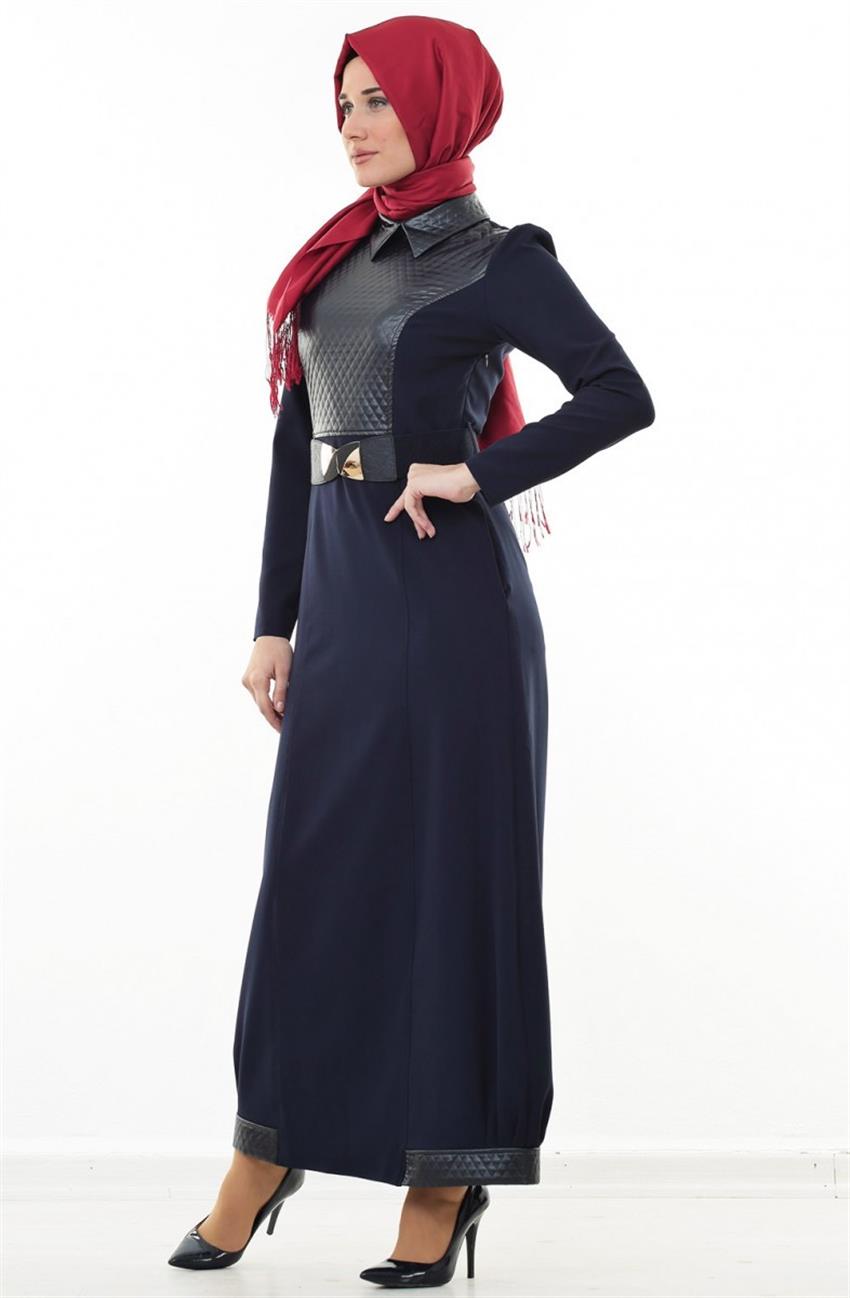 Deri Detaylı Lacivert Elbise 4530-004-17
