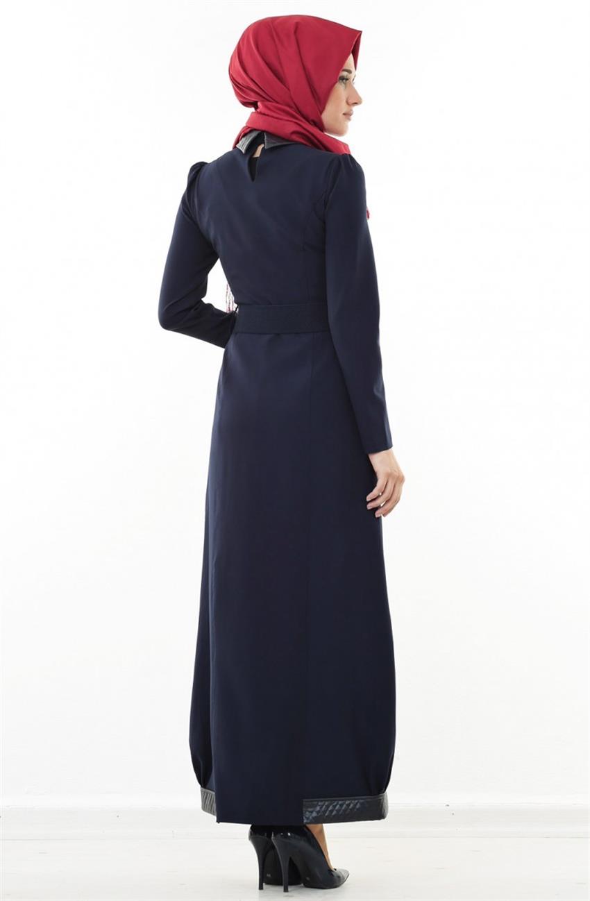 Deri Detaylı Lacivert Elbise 4530-004-17