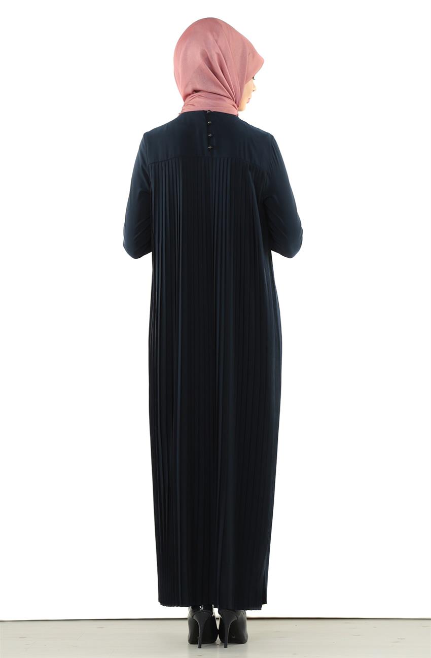 Plisoley Detaylı Lacivert Elbise 7081-17