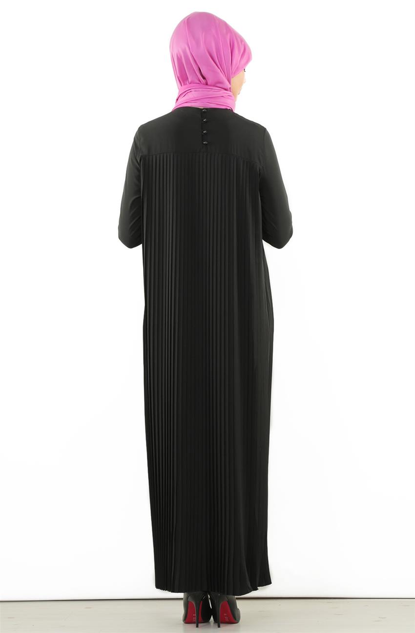 Plisoley Detaylı Siyah Elbise 7081-01