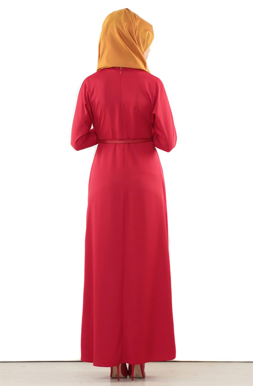 Dik Yaka Kırmızı Elbise 7084-34