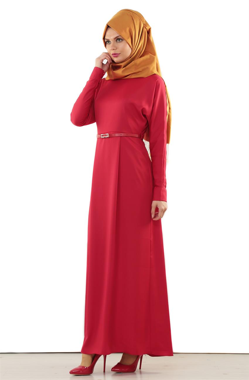 Dik Yaka Kırmızı Elbise 7084-34