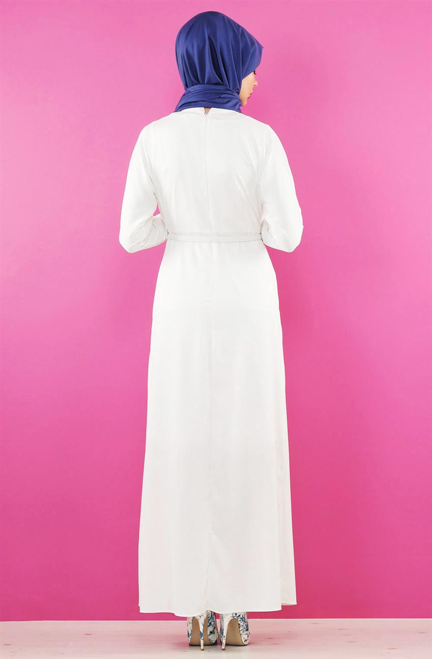 Dik Yaka Beyaz Elbise 7084-02
