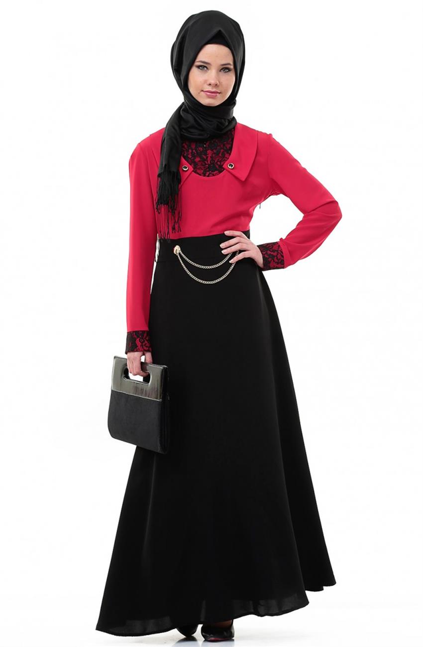 Sırt Detaylı Kırmızı Elbise Siyah 3645-3401