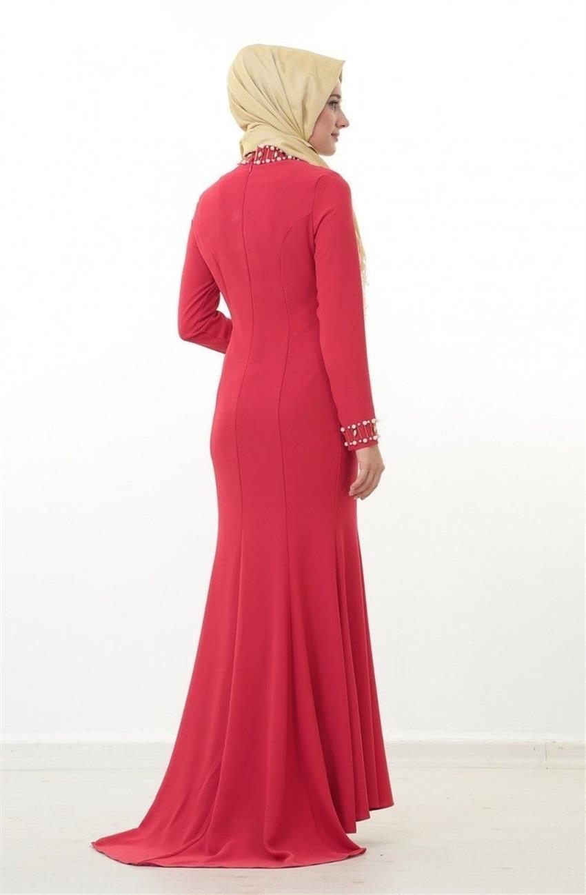 Dik Yaka Kırmızı Elbise 3696-34