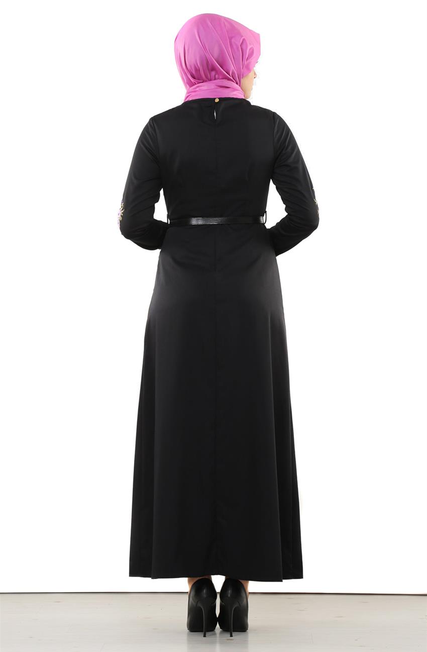 Nakış Detaylı Siyah Elbise 3080-01