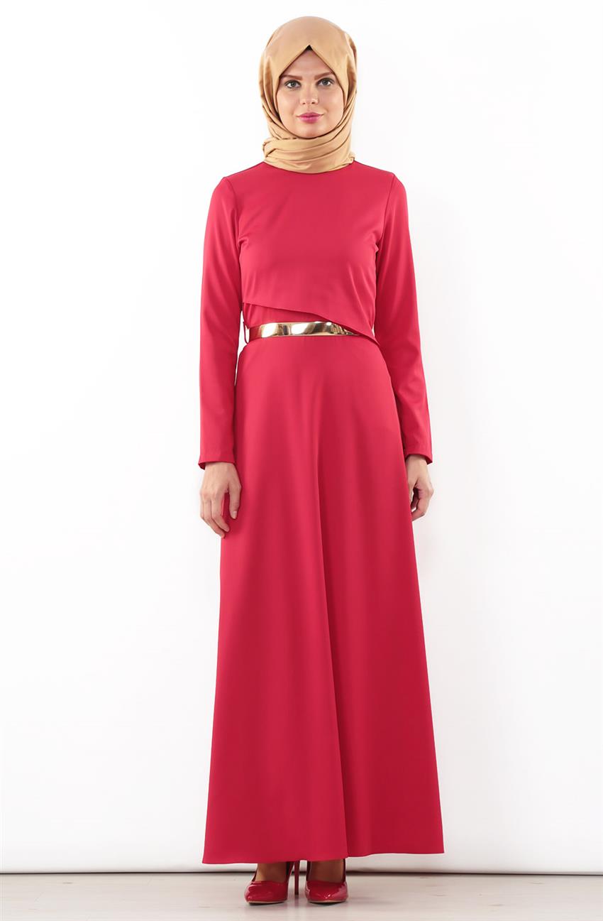 Dik Yaka Kesimli Kırmızı Elbise 7086-34