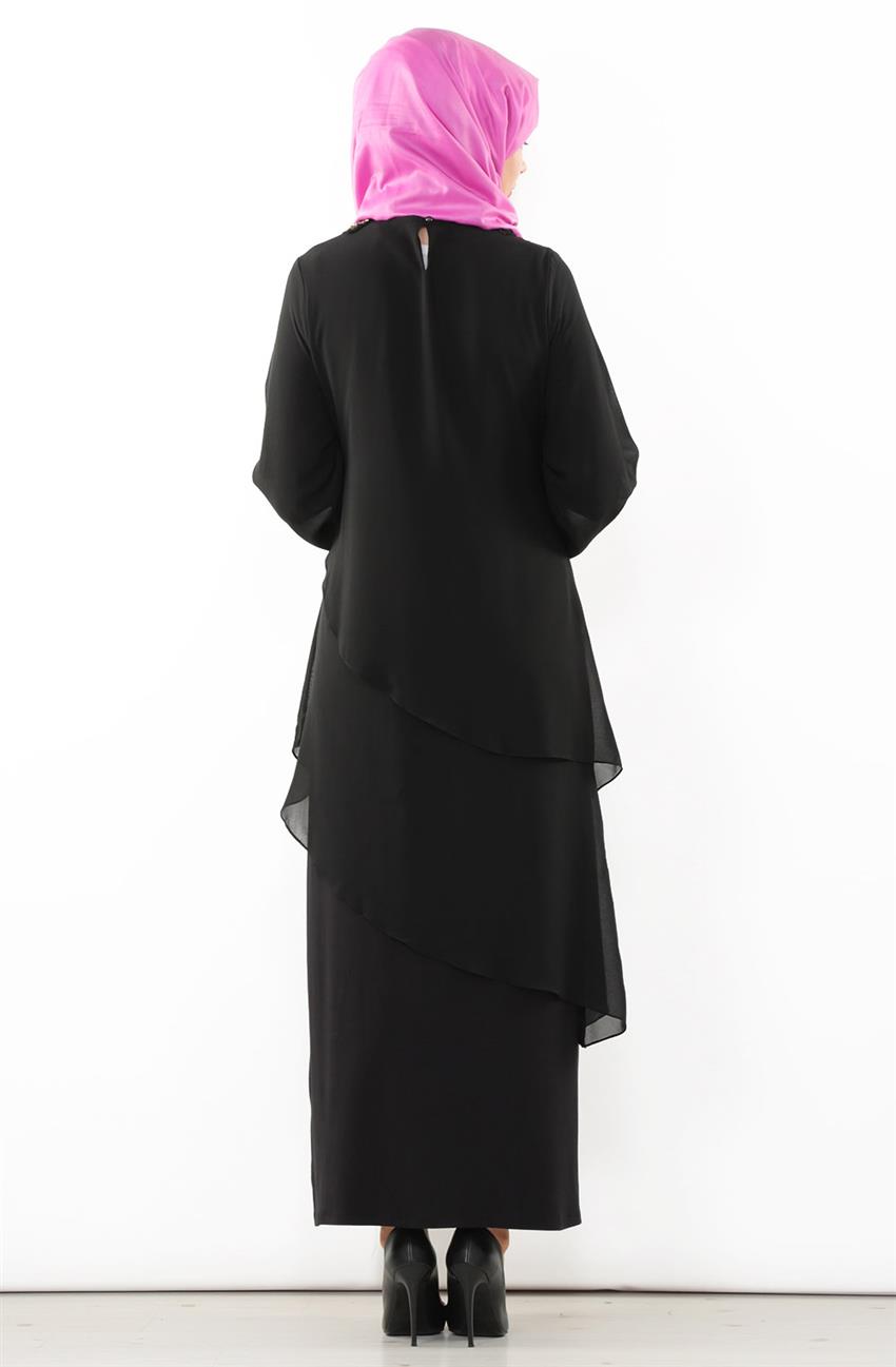 Yaka Detaylı Siyah Elbise 1071-01
