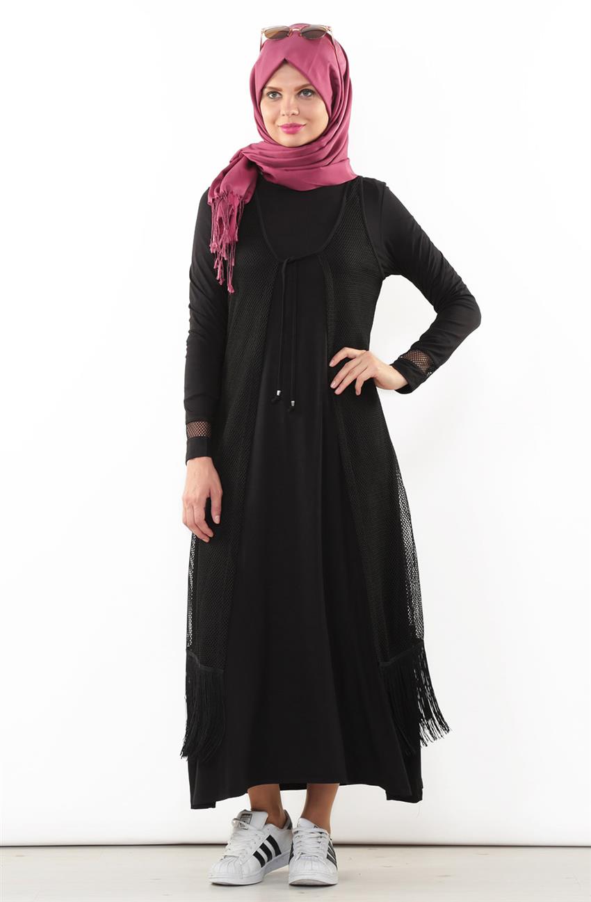 Yelekli Elbise Siyah Takım 1157-01
