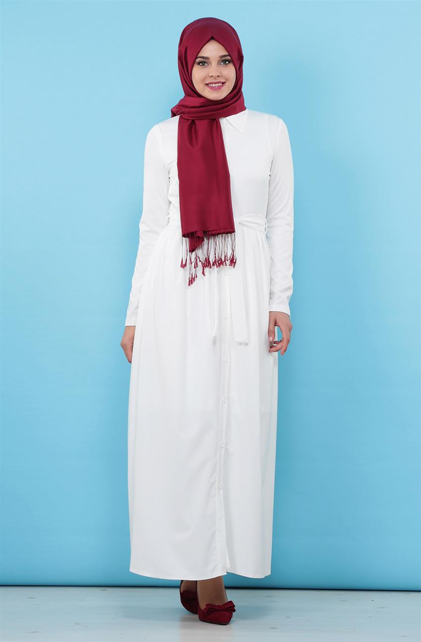 Şömizye Yaka Beyaz Elbise 1808-02