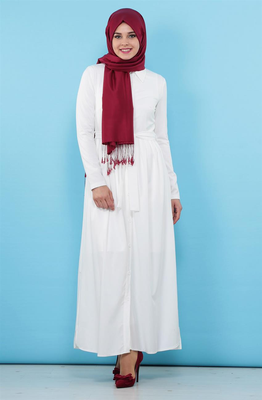 Şömizye Yaka Beyaz Elbise 1808-02