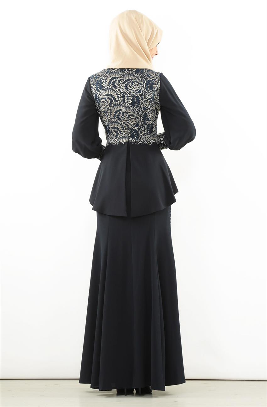 Dantel Detaylı Abiye Lacivert Elbise 5601-17