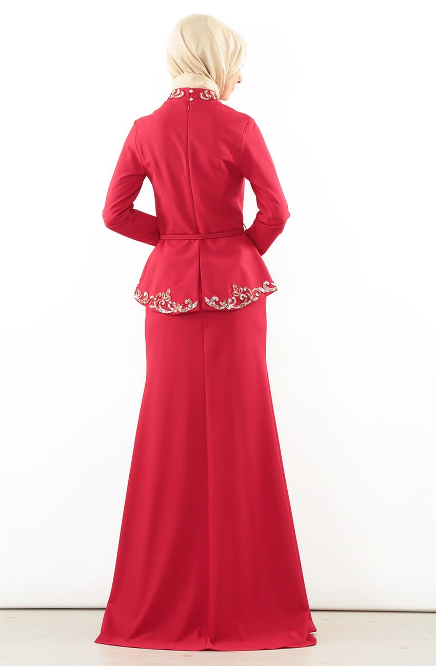 Pulpayet İşlemeli Abiye Kırmızı Elbise 5703-34