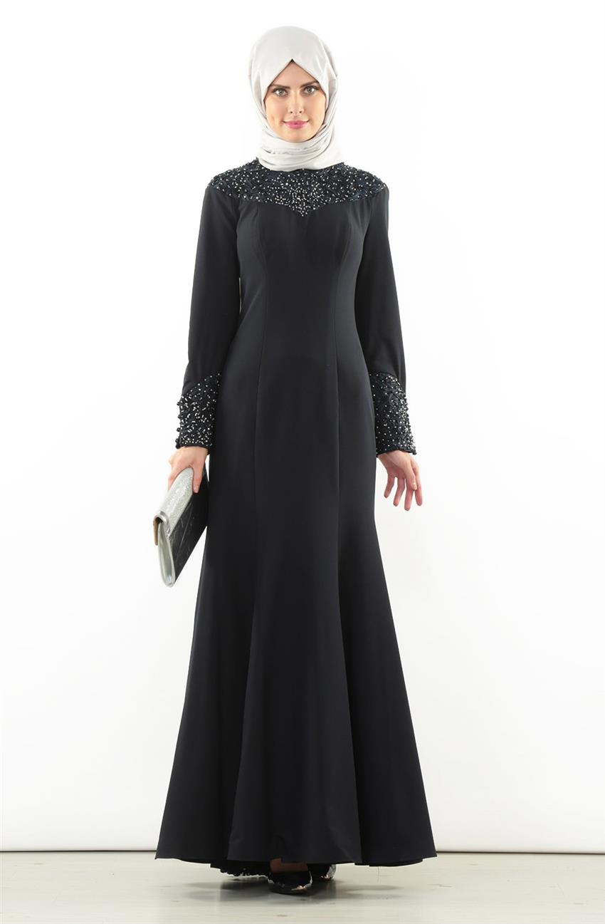 Güpür Detaylı Abiye Lacivert Elbise 5708-17