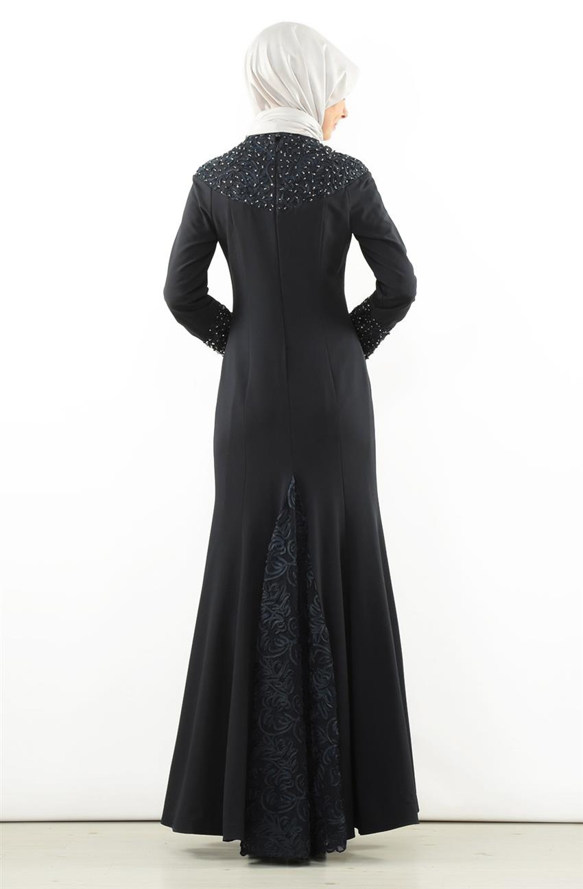 Güpür Detaylı Abiye Lacivert Elbise 5708-17