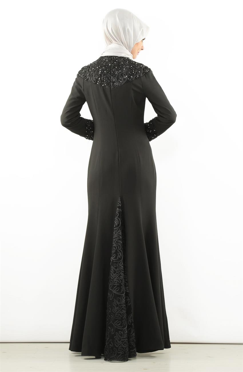Güpür Detaylı Abiye Siyah Elbise 5708-01