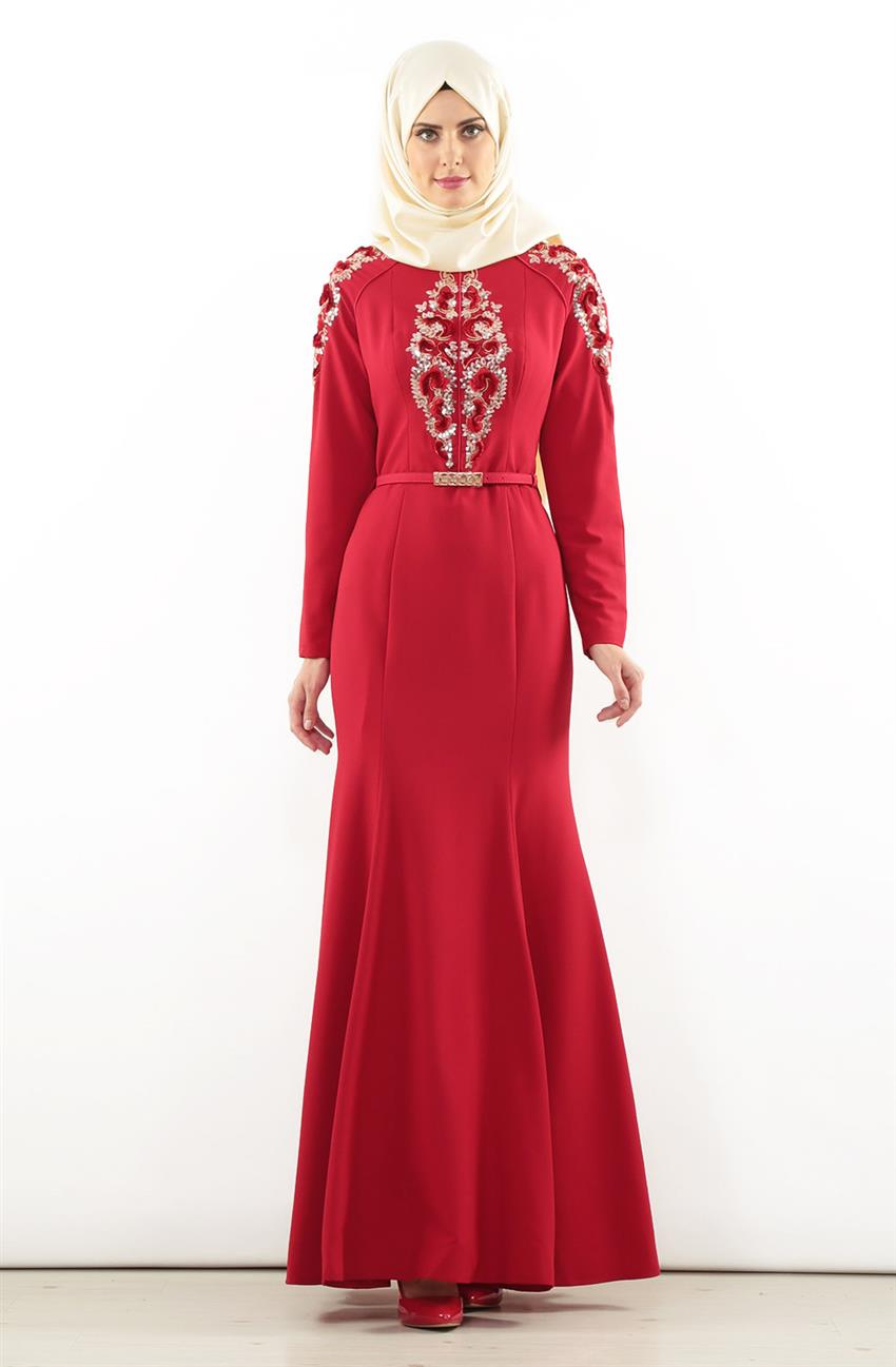 Pulpayet İşlemeli Abiye Kırmızı Elbise 5709-34
