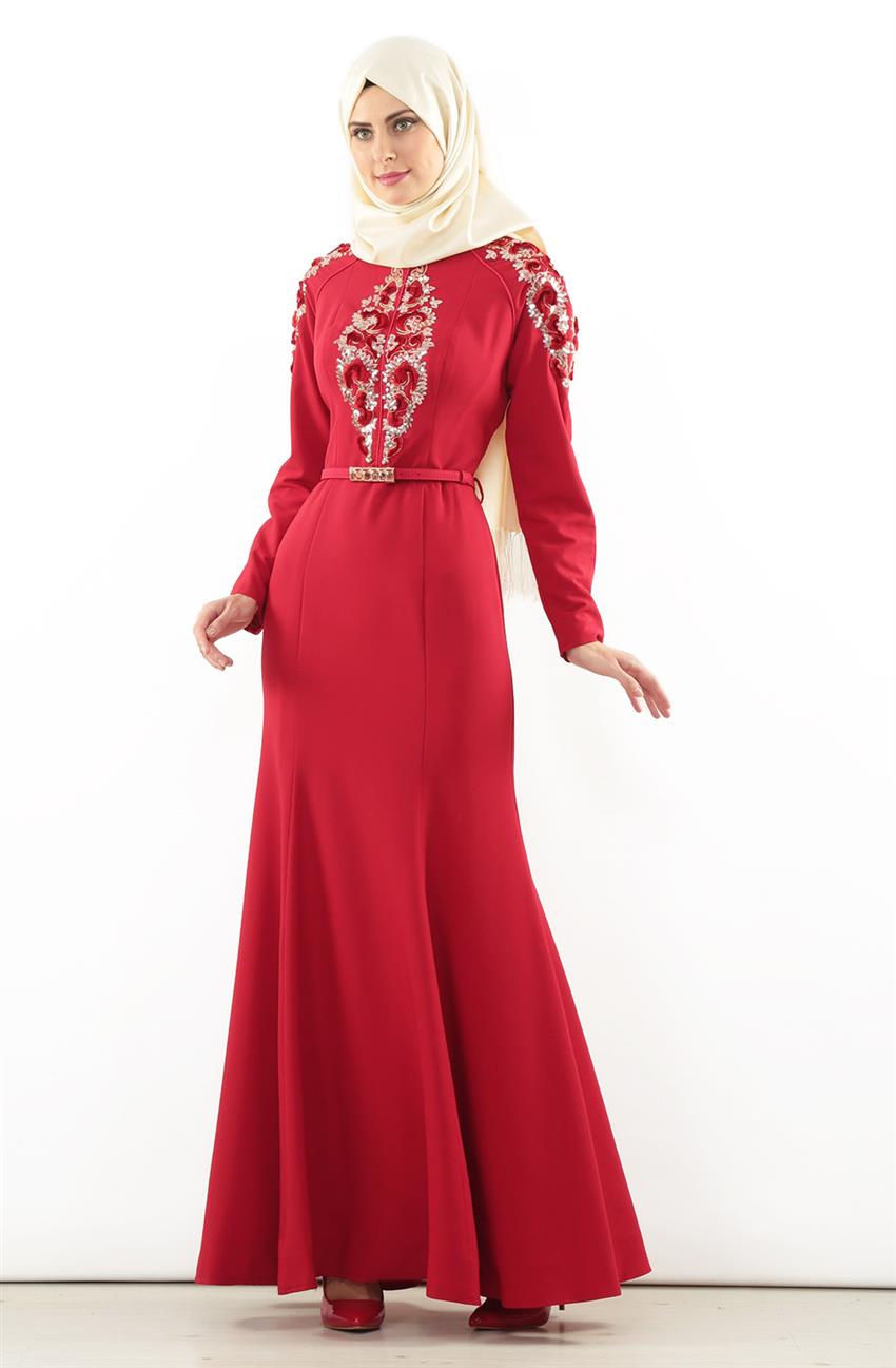 Pulpayet İşlemeli Abiye Kırmızı Elbise 5709-34