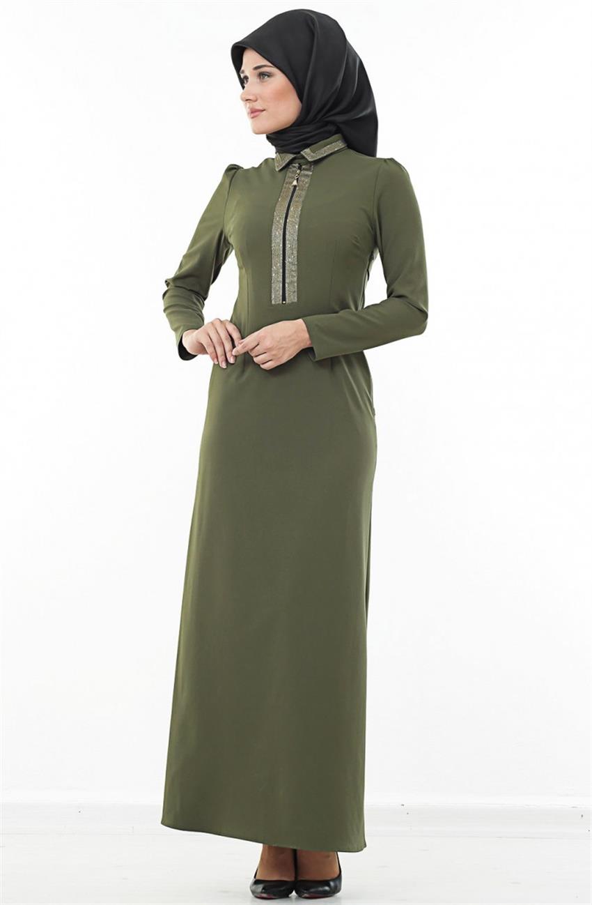 Ayaklı Şömizye Yaka Yeşil Elbise 4504-006-21