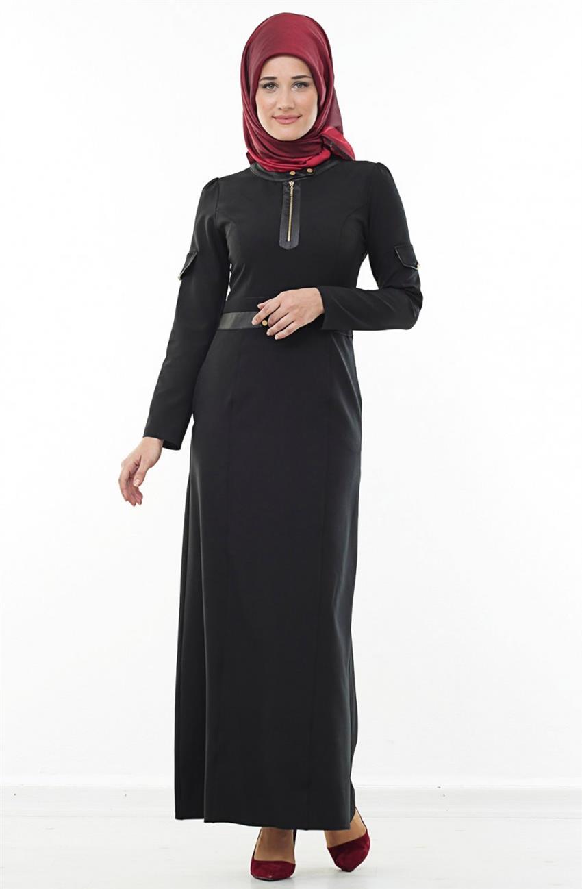 Deri Detaylı Siyah Elbise 4535-001-01