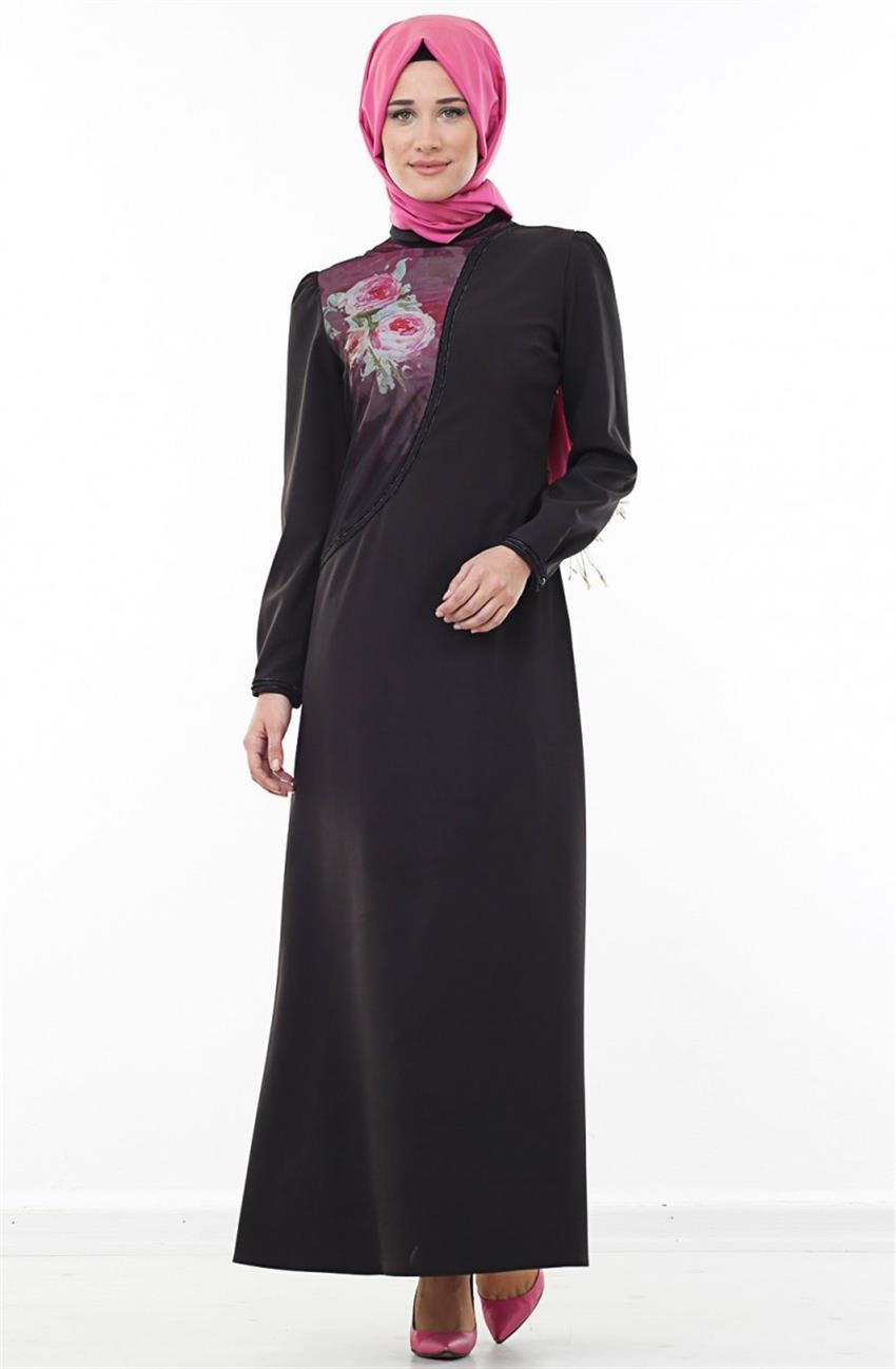 Gül Desenli Siyah Elbise 4500-001-01