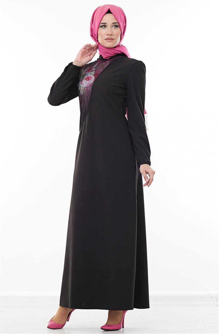 Gül Desenli Siyah Elbise 4500-001-01