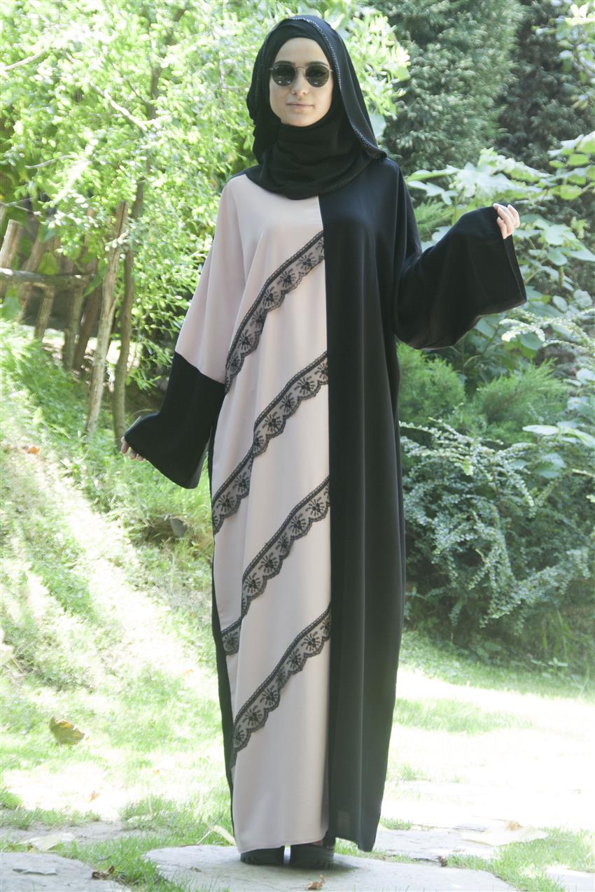 Çapraz Dantelli Somon Elbise Siyah 608-7301