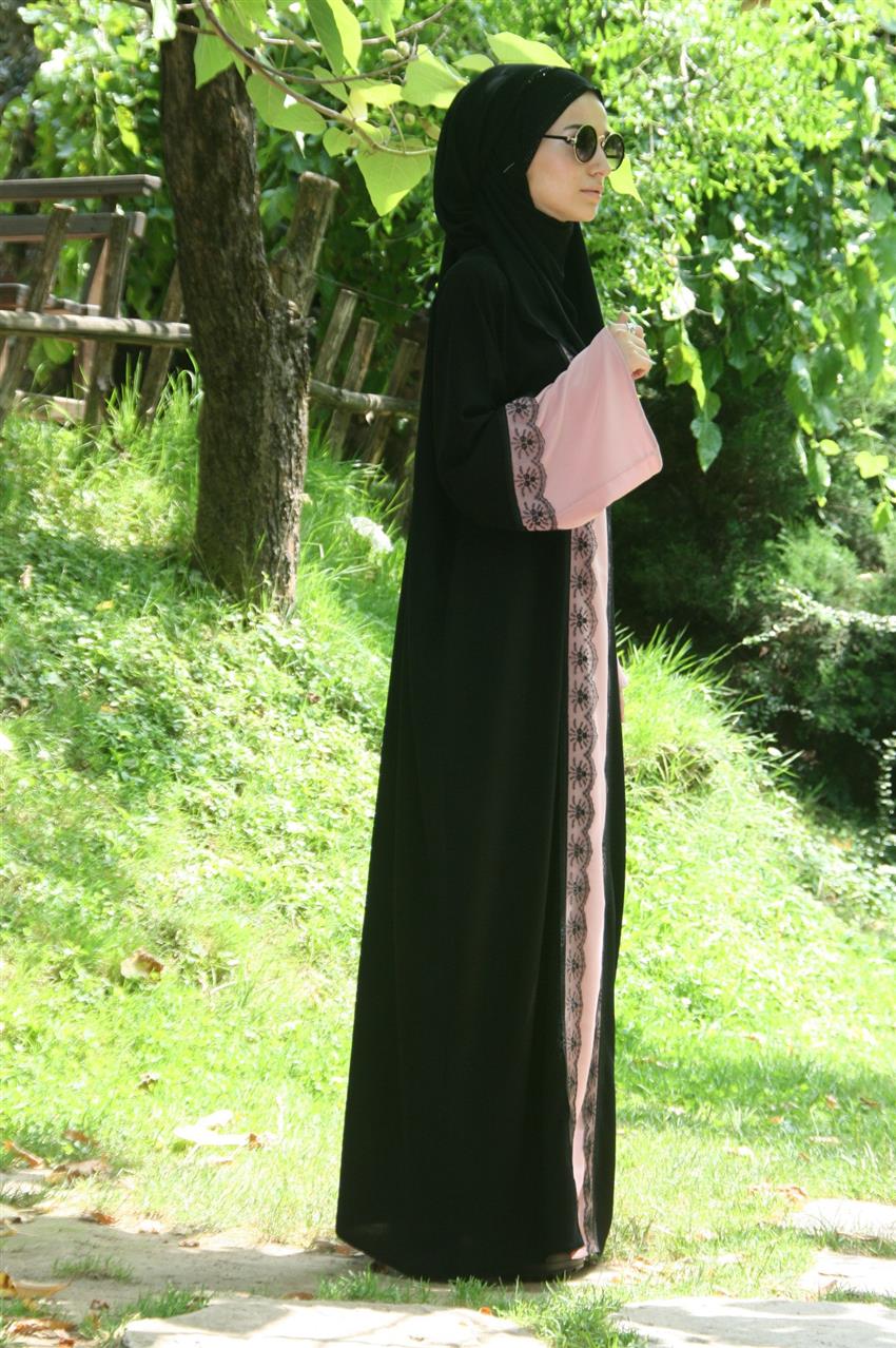 Boydan Dantelli Siyah Elbise Pudra 605-4101