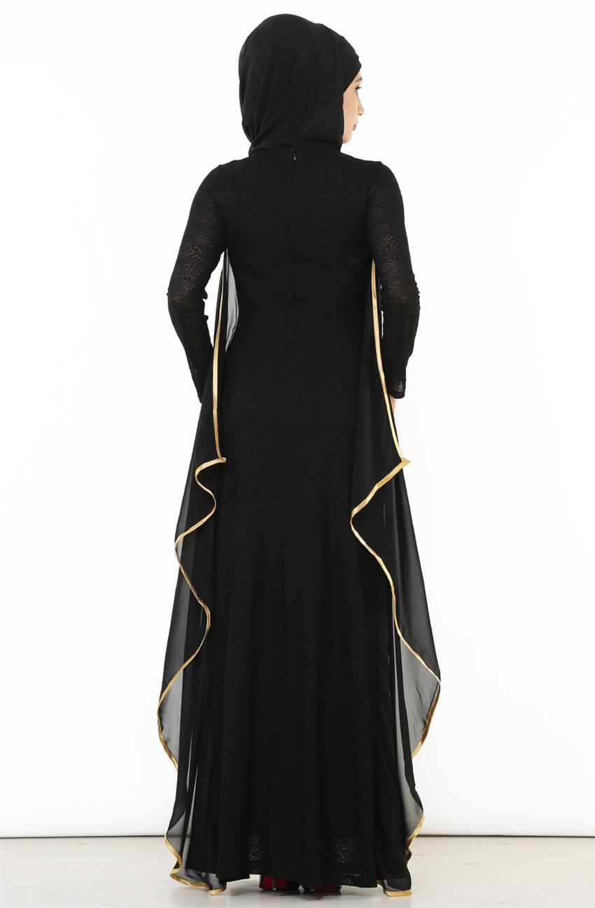 Şifon Detaylı Abiye Siyah Elbise 1311-01