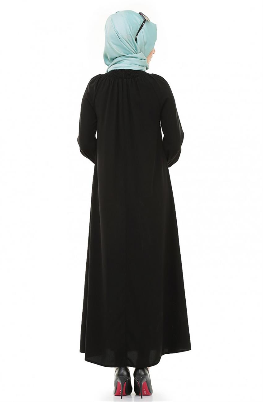 Büzgü Detaylı Siyah Elbise 3036-01